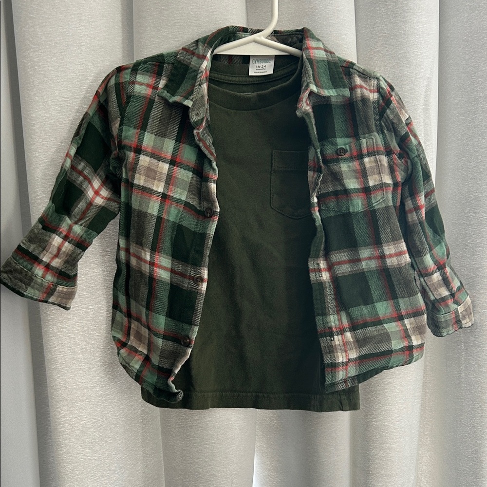 Cherokee Kids Green and Red Plaid Button Down Shirt
